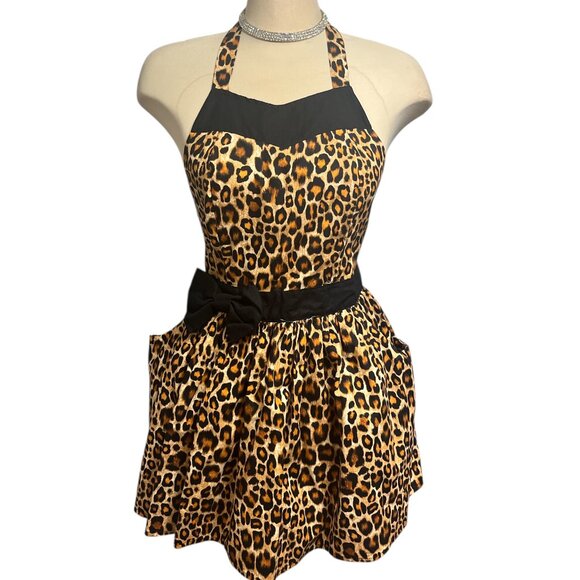 COPY SUGAR BABY APRONS Leopard Print O/S 2 Pockets 100% Cotton Black Bow & Ties - Picture 6 of 8